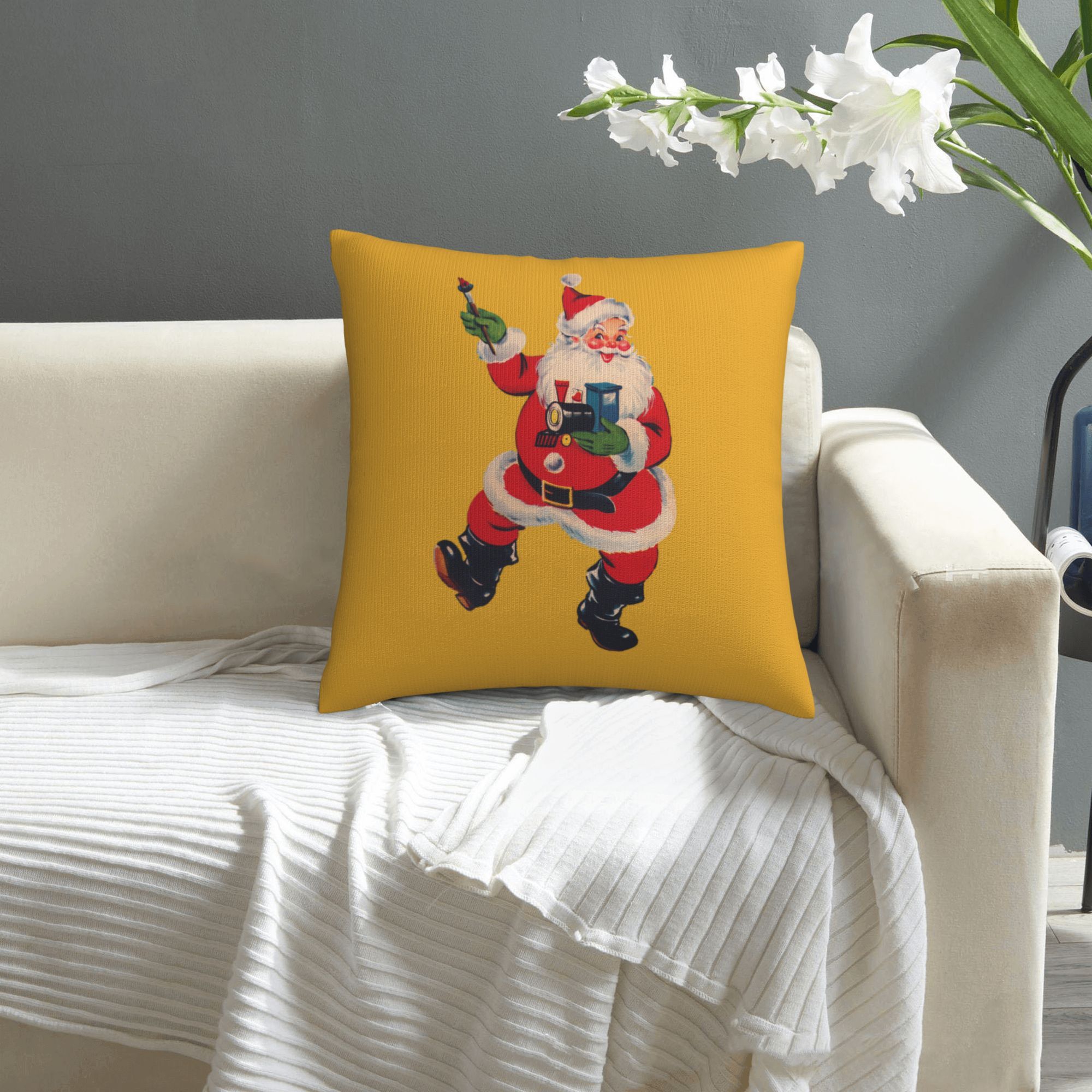 

Retro Santa Pillow Cover - 18x18 Inches, Zipper Closure, Printed Yellow Christmas Decor, No Pillow Core, Machine Washable