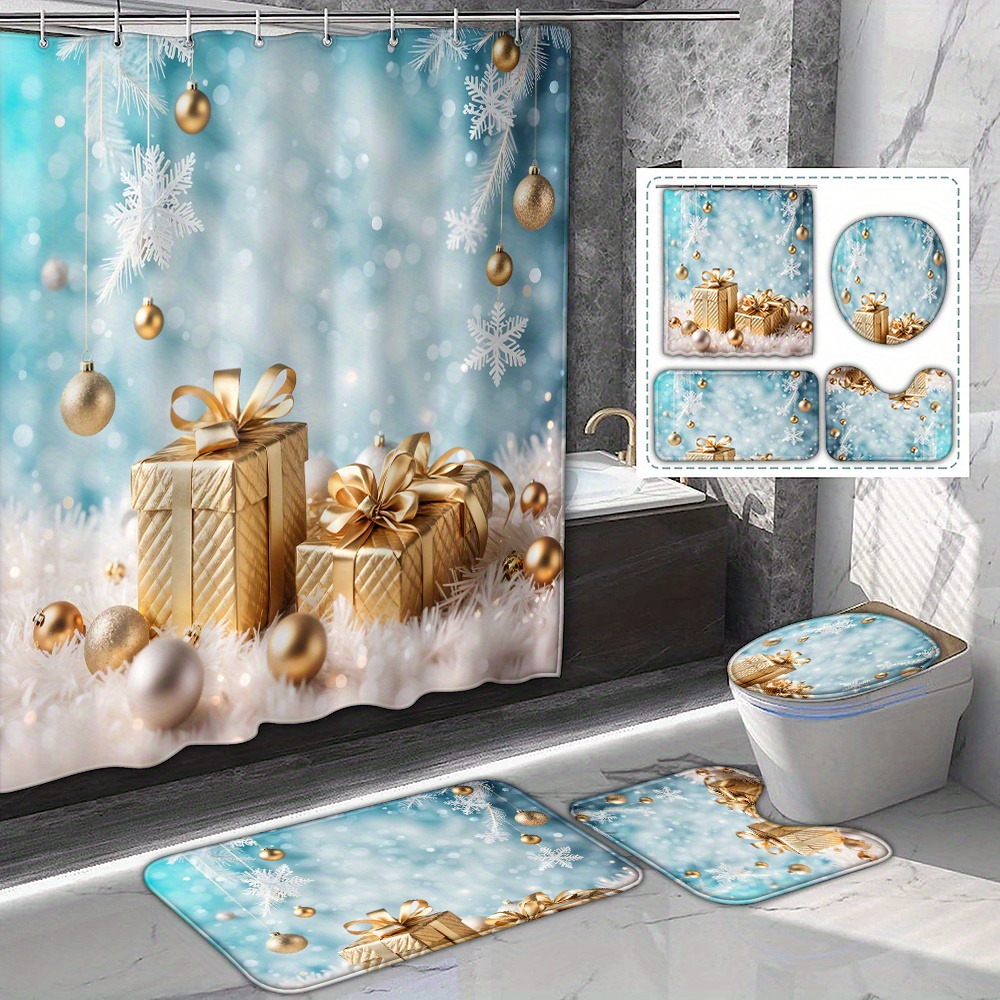 

Christmas Shower Curtain Set - - Polyester , , Includes 12 , Bath Mat, Lid & U-shaped Rug, Bathroom Decor Accessories