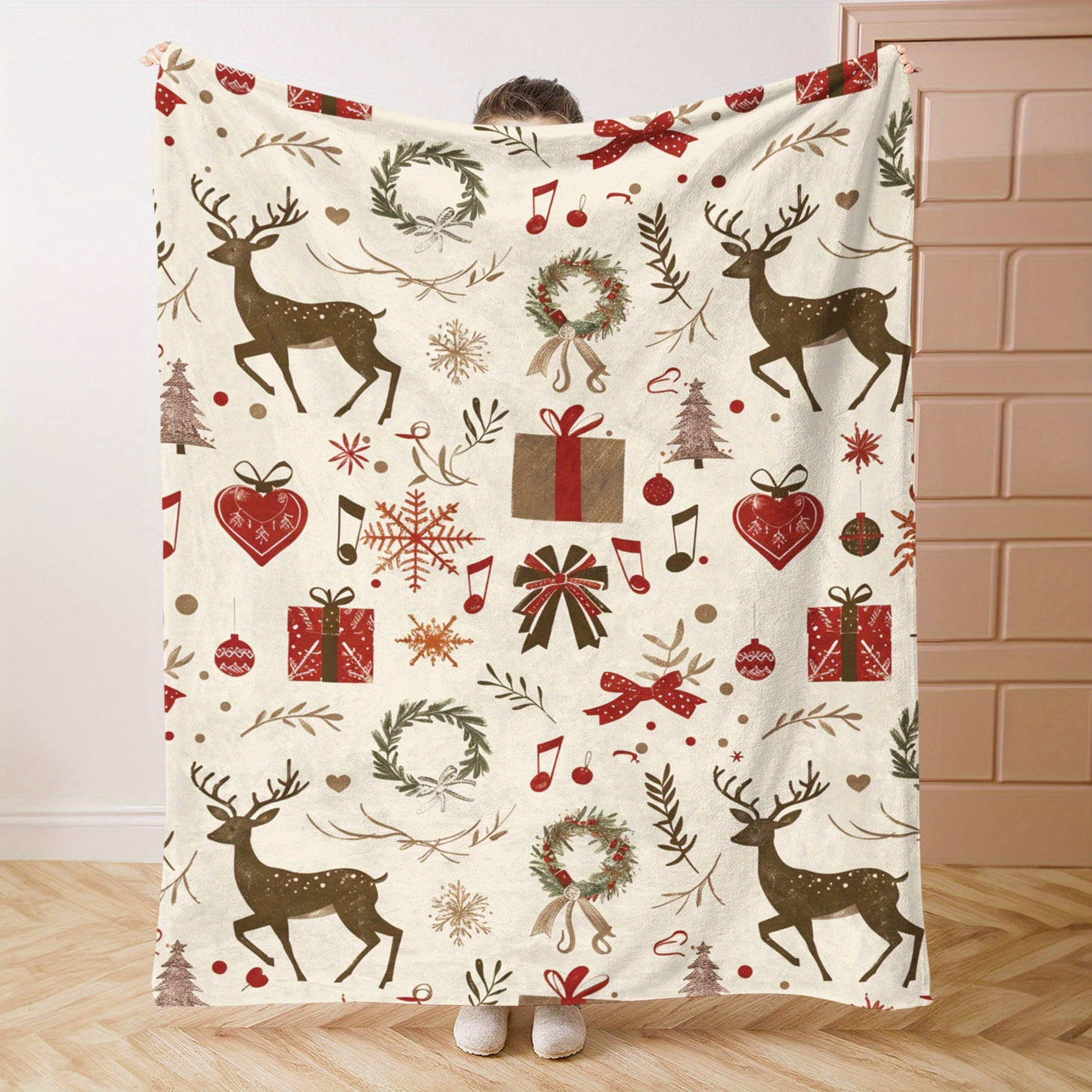 

Christmas Reindeer & Holiday Motif Knitted Flannel Throw Blanket – Cozy, Soft Quilted Polyester Bedding For Sofa, Office, Camping, Travel – Lightweight, Warm, All-season Comfort