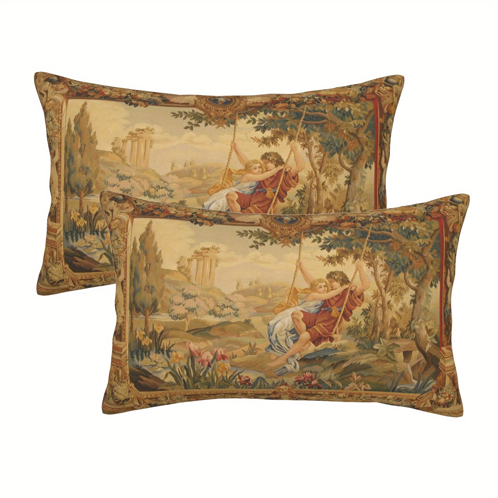 

Vintage French Tapestry Design Throw Pillow Covers 12x20 Inch, Set Of 2, Woven Polyester, Decorative Lumbar Pillowcases With Zipper Closure For Sofa And Living Room, Hand Wash Only - No Insert