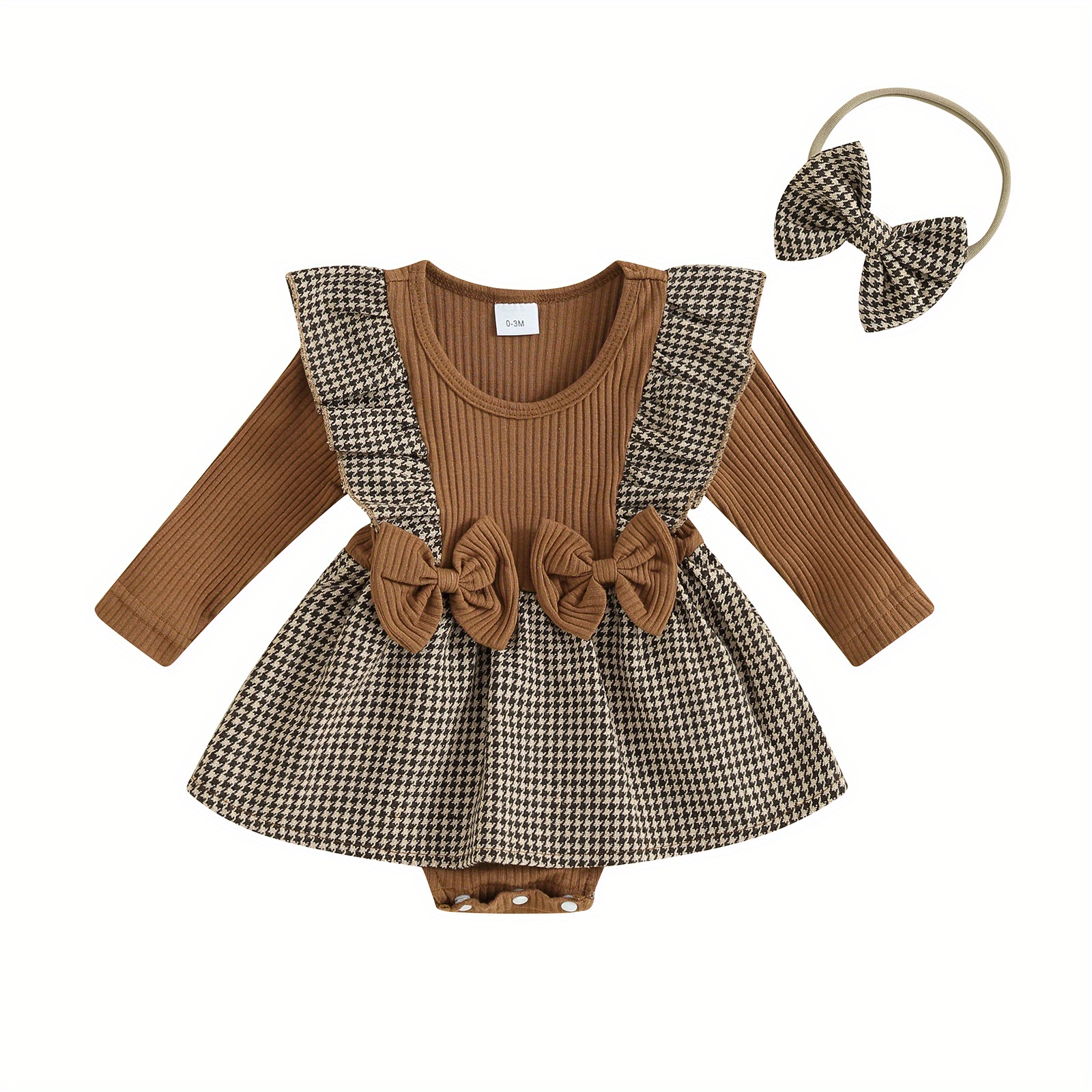 

Baby Girls Autumn Romper Dress Long Sleeve Ruffle Houndstooth Print Patchwork Romper With Headband