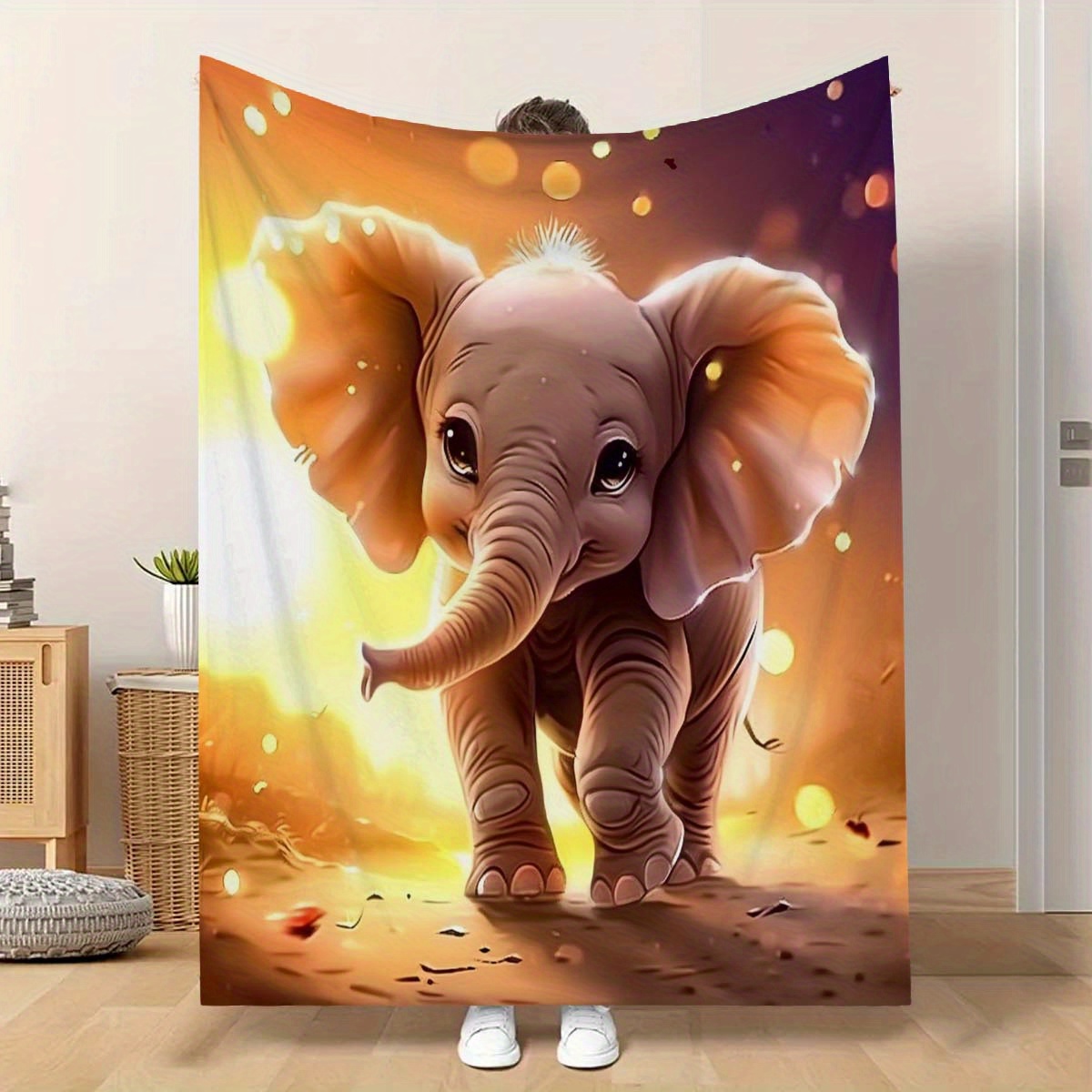 TEMU 1 Stück Süßer Elefanten-Druck-Flanell-Decke - Weich & Bequem, Reißfestes Polyester, Maschinenwaschbar, Ideal für Reisen, Büro, Heimdekoration,
