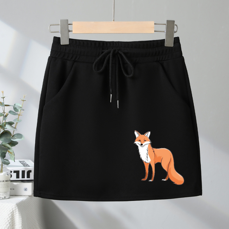 

Fox Print Drawstring Skirt, Elastic Waist Slant Pocket Casual Skirt, Women's Clothing