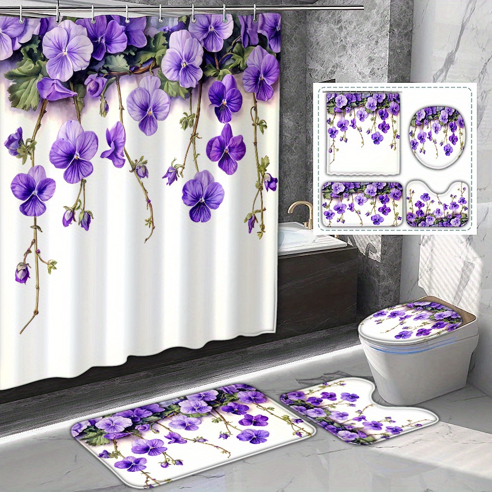 

1/ 4pcs Purple Printed Curtain, Of Polyester , Curtains For In , Comes 12 , Bathroom Mat, Lid Mat And U-shaped Mat, Bathroom Decoration Accessories