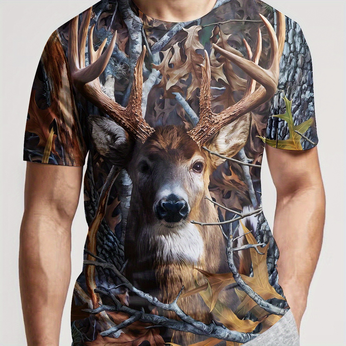 

T-shirt graphique à motif cerf pour homme, T-shirt à col rond à manches courtes, Vêtements pour homme pour l'été en plein air