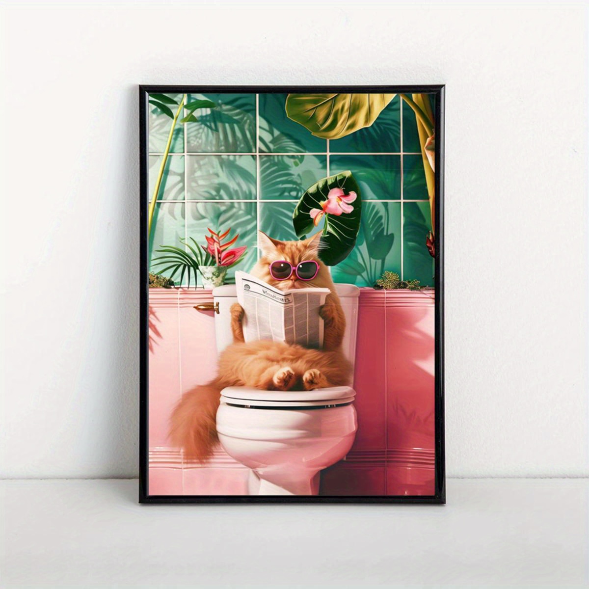 KUSTOM ART Tableau série animaux meuble toilette chat noir avec papier toilette imprimé sur bois 25 x 18 cm
