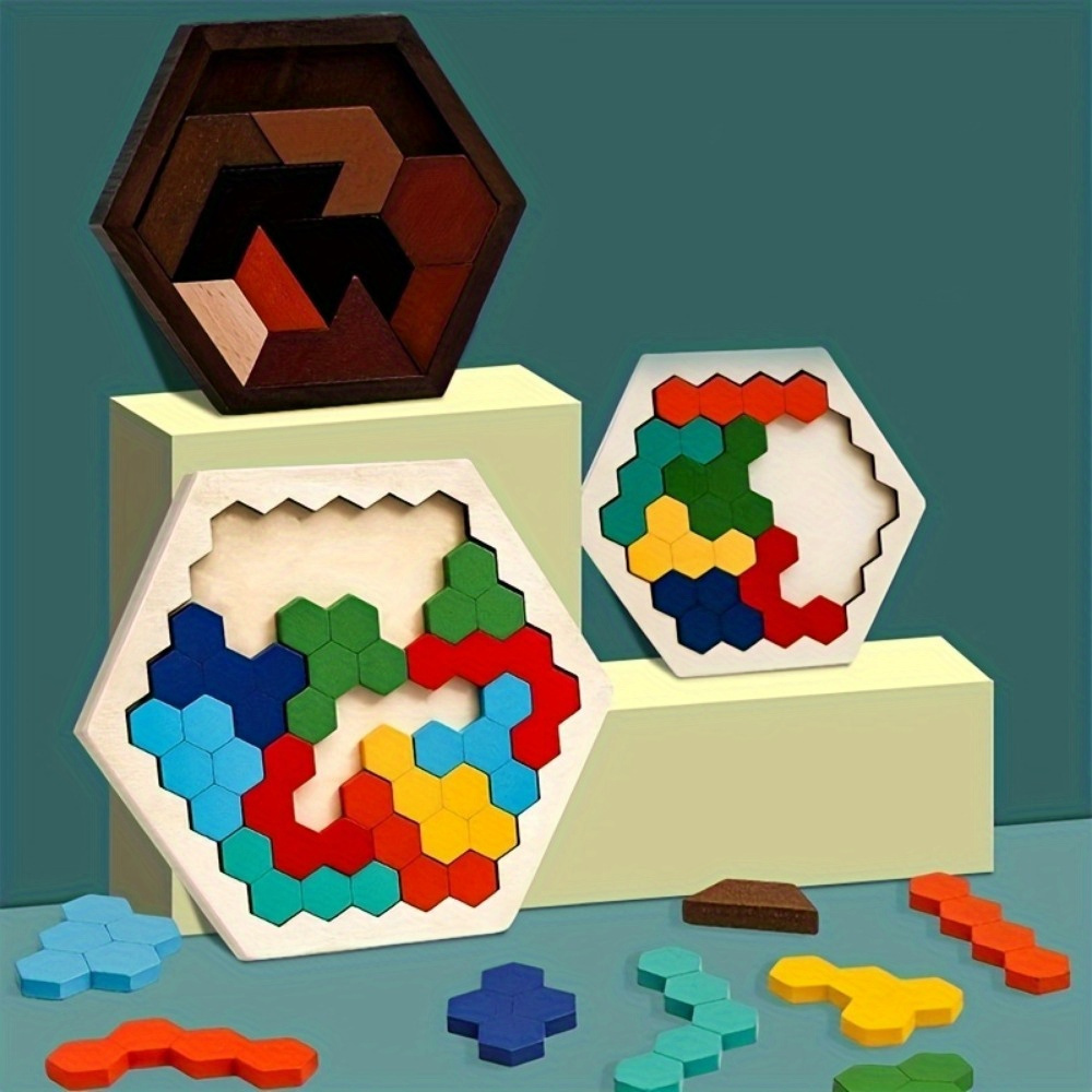 Rompecabezas de Madera Hexagonal 3D Colorido para Niños - Rompecabezas Tangram Atractiv...