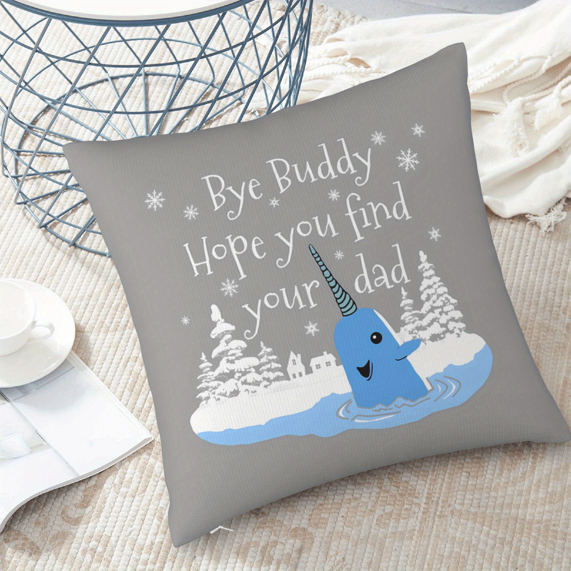 

1pc Funny "bye Buddy You Find " Pillow Cover 18x18 Inches - Double-sided Printed, Zipper Closure, Soft Polyester, Grey With Unicorn & Design, No Insert Included, Living Room Or Bedroom Decor