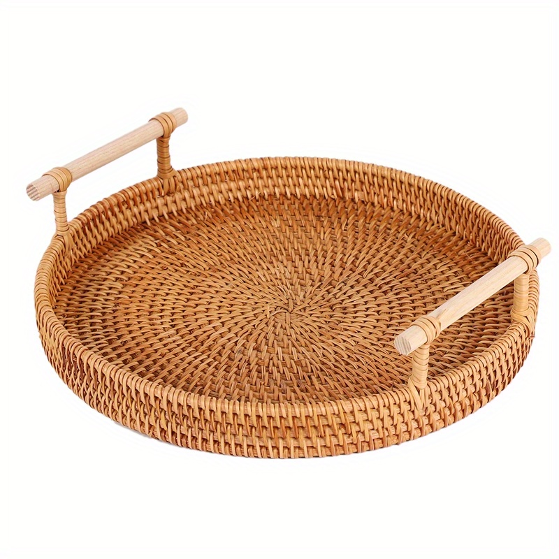 

1pc Round Woven Tray With Handles - Kitchen And Dining Accessories - Made Of Natural Rattan - Perfect For Serving And Carrying Food