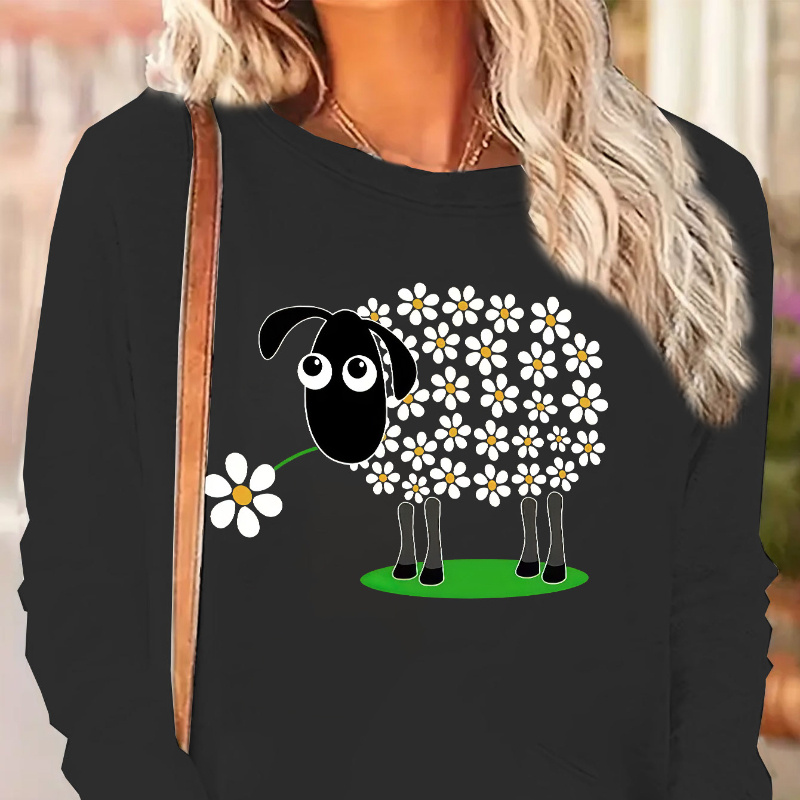 

Plus Size Women's Sheep & Daisy Graphic Long Sleeve T-shirt - Casual Crew Neck Top, Stretchy Polyester , Machine Washable - Black