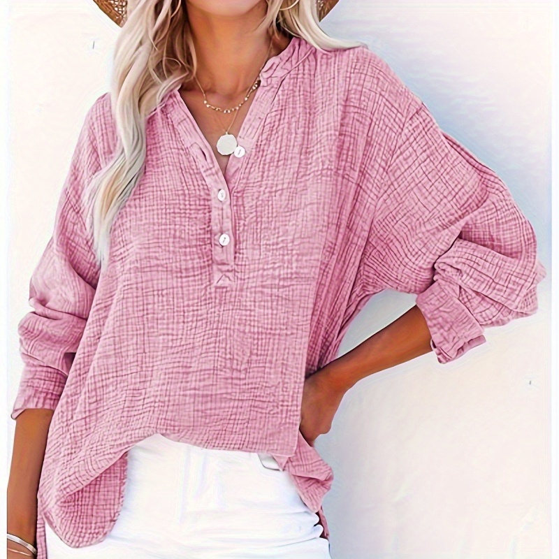 

Womens Casual Button V Neck Long Sleeve Shirts Oversized Solid Blouses Tops