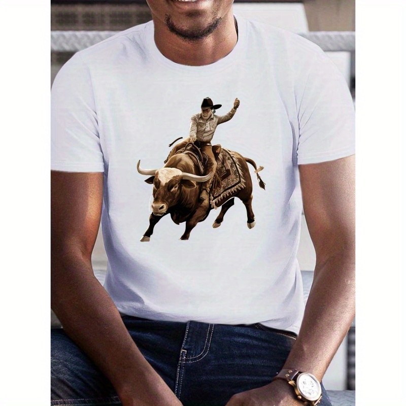 

60's Vintage Rodeo Print Tee Shirt, Crew Neck Tees For Men, Casual Short Sleeve T-shirt For Summer