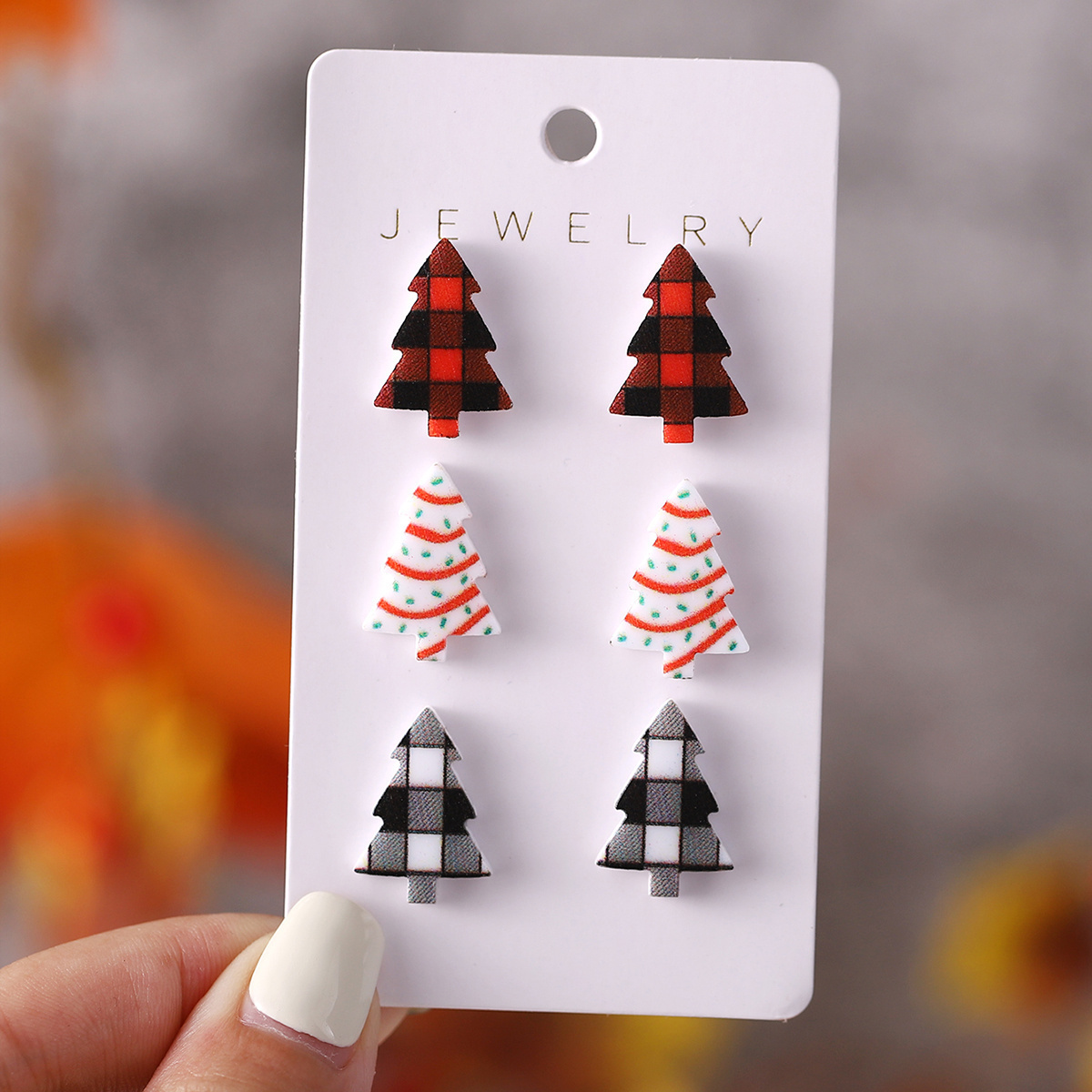 

Christmas Tree Earrings Set Of 3 Pairs - Festive Acrylic Women's Stud Earrings, Vintage & Simple Design, Holiday Party & Festival Celebration Jewelry, Unplated Checkered And Cake Patterns