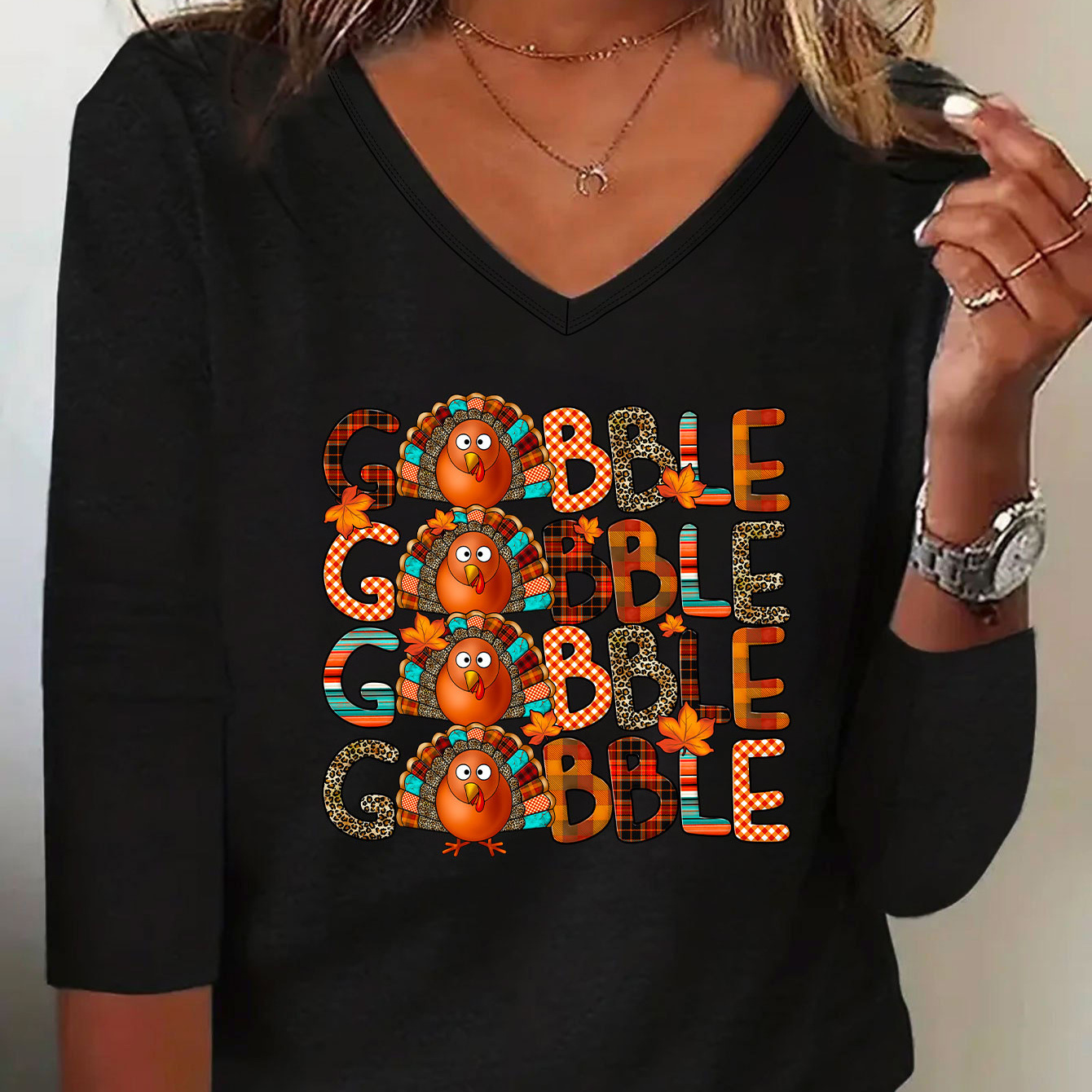 

Casual Funny Turkey & Art Letter Print Lounge Top For Fall & Winter, V Neck Long Sleeve Stretchy Top, Women's Loungewear