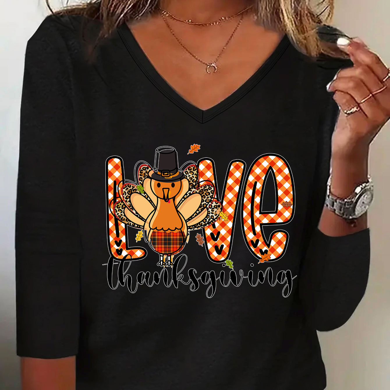 

Casual Funny Turkey & Art Letter Print Lounge Top For Fall & Winter, V Neck Long Sleeve Stretchy Top, Women's Loungewear