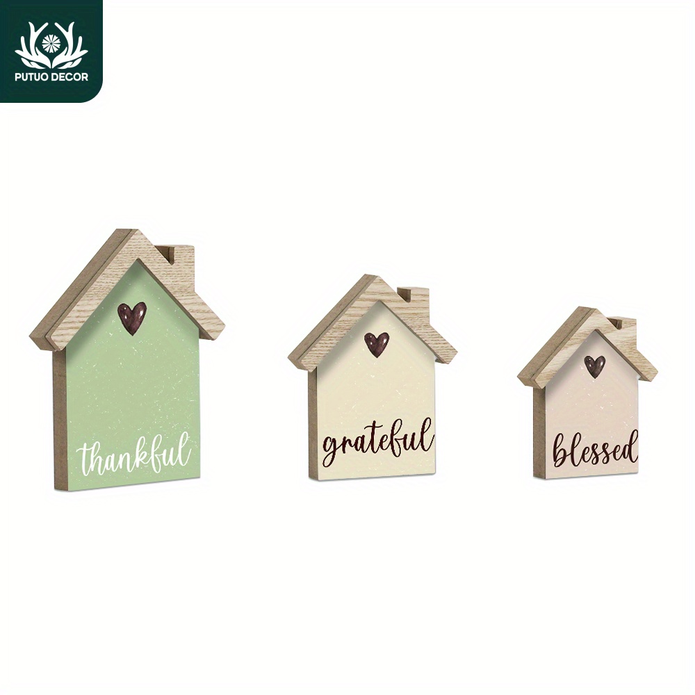 

3pcs, House Shaped Wooden Sign Table Decor, Thankful Grateful Blessed, Desktop Decoration For Home Farmhouse Living Room Fireplace, Gifts