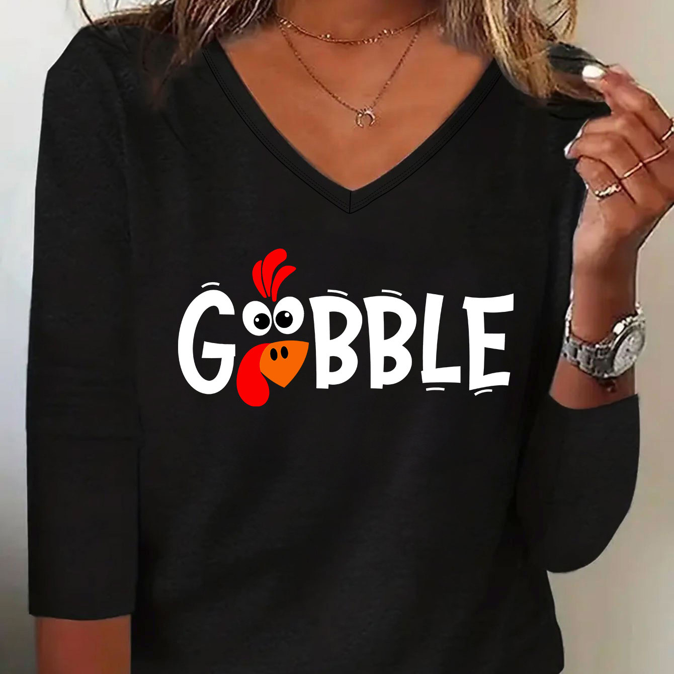 

Casual Funny Turkey & Letter Print Lounge Top For Fall & Winter, V Neck Long Sleeve Stretchy Top, Women's Loungewear