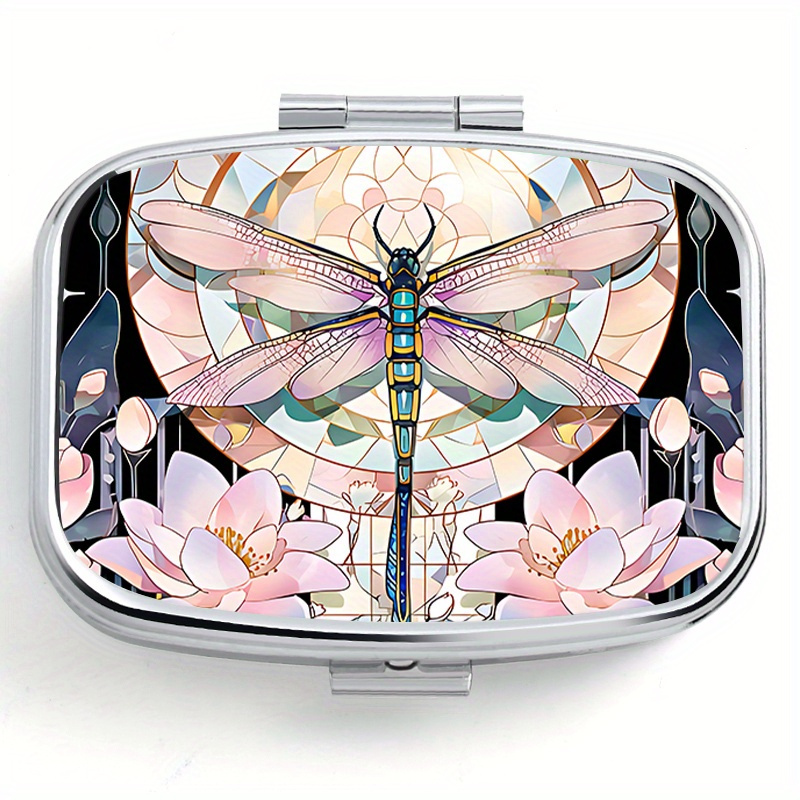 

Dream Dragonfly Pattern Printed Square Medicine Box: 2-compartment Pill Organizer, Decorative Metal Storage For Personal Medications, Perfect For Travel And Camping