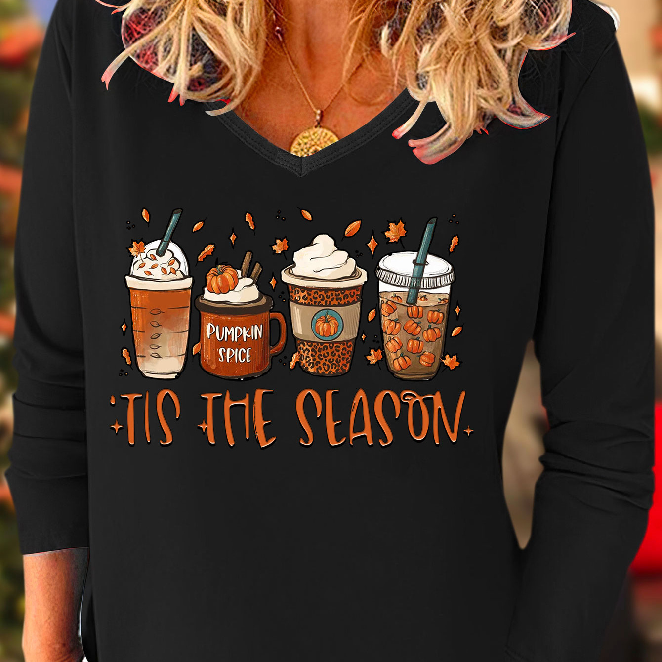 

Casual Pumpkin Coffee & Slogan Print Lounge Top For Fall & Winter, V Neck Long Sleeve Stretchy Top, Women's Loungewear