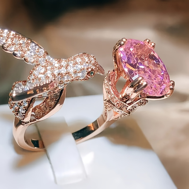 

Chic Pink Cubic Zirconia Bird-shaped Ring - Elegant Copper Engagement & Wedding Band, Perfect For Parties & Gifts, No Box Included