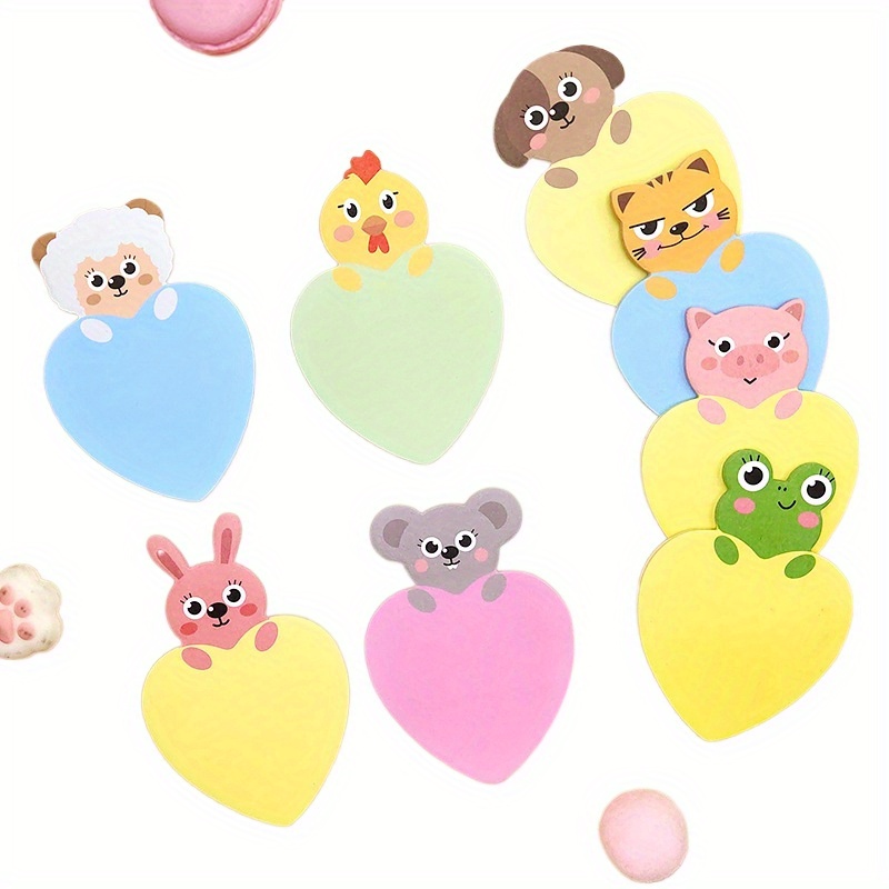 Image of A Set Of 8 Pads With A Total Of 200 Cartoon Animal Pattern Sticky Notes, Including Heart-shaped Memo Pads For Reminders, Office Notes, And Special-shaped Sticky Notes