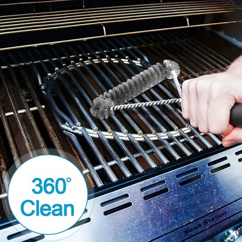 

1pc/3pcs Stainless Steel Grill Cleaner Brush Set, 360° Cleaning, Y-shaped Curly Design, Bbq Tool With Grip Handle, Outdoor Grilling Accessory