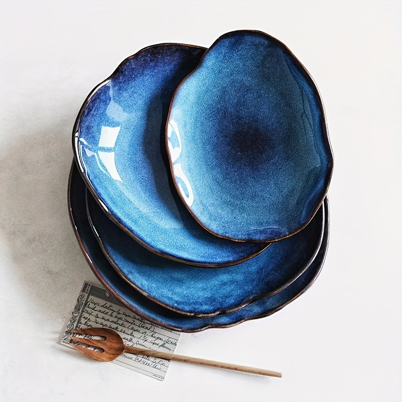 

4-piece Set -inspired Ceramic Dinnerware - Cat Eye Blue, Irregular Shape, Multi-use For Salad/dinner - Ideal For Home & Restaurant