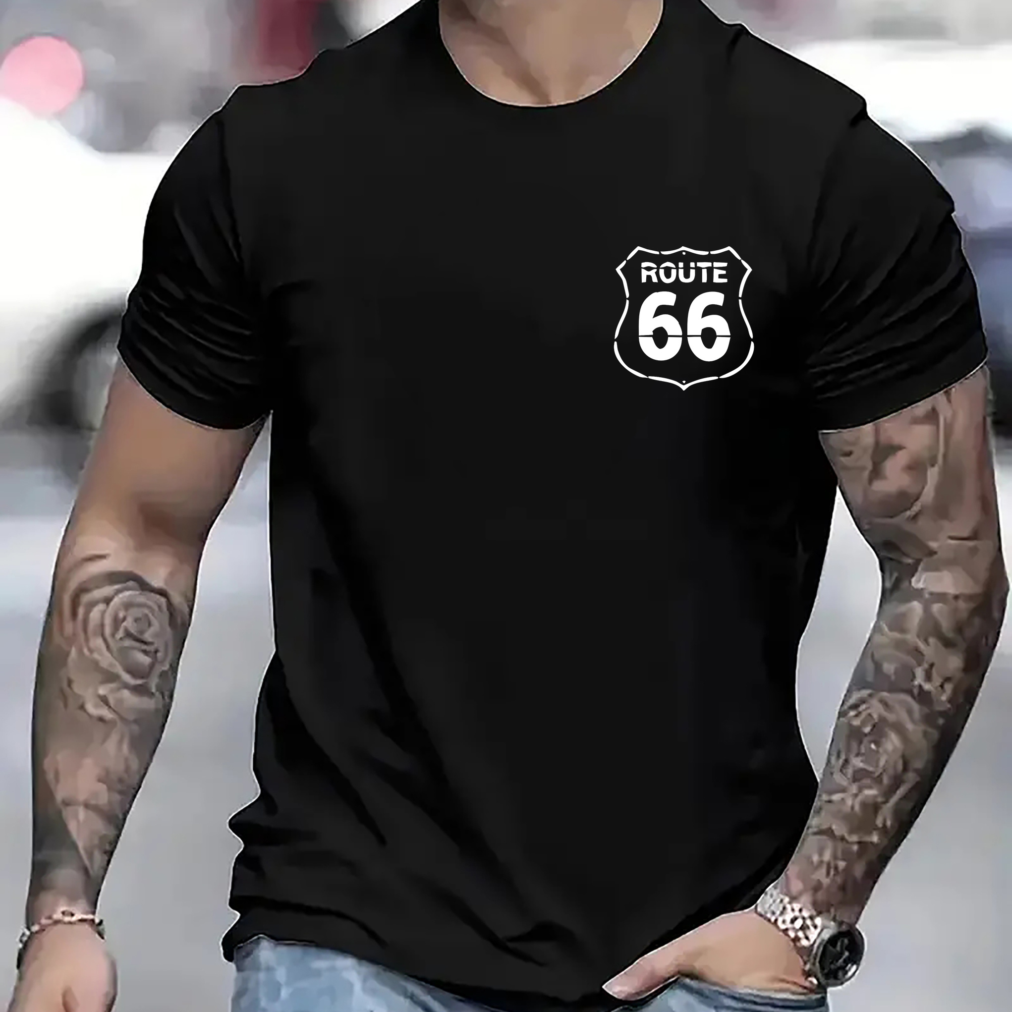 

Route 66 Print T-shirt, Casual Slightly Stretch Crew Neck Short Sleeve Tee, Men's Clothing For Summer