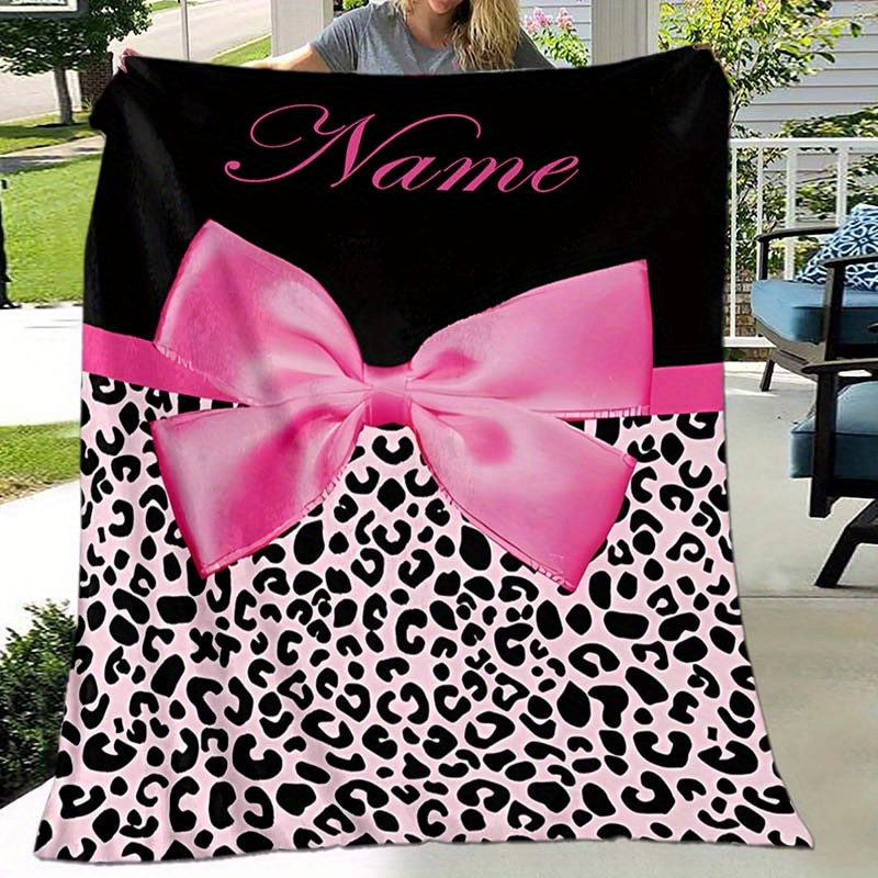 

Personalized Leopard Print Bow Blanket With Custom Name, Soft Flannel Fleece Throw, Digital Print, All-season Glam Style For Naps, Camping, Travel – Polyester 100%, Knitted, 200-250g Weight