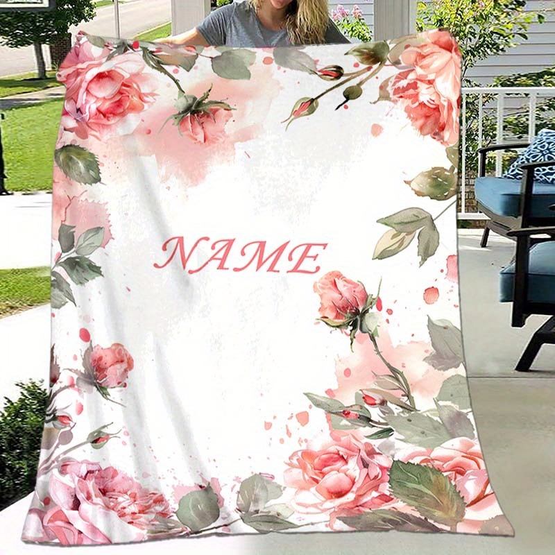 

Custom Personalized Name Throw Blanket - Soft Flannel Digital Print, Polyester Knit, Lightweight, All-season Warmth - Ideal For Napping, Camping, Travel - Elegant Floral Design With Rose Pattern