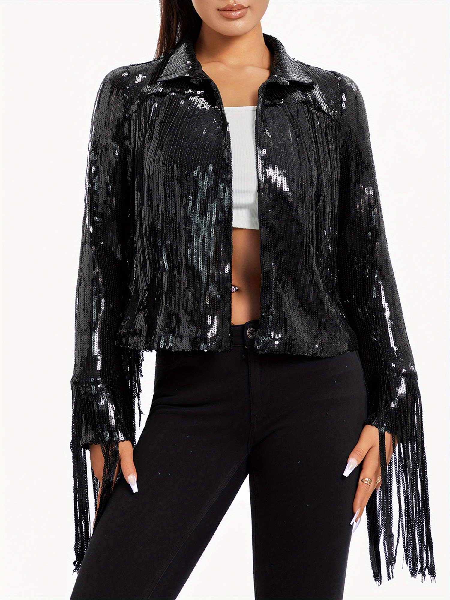 Plus Size Women's Sequin Party Jackets Sparkly Long Sleeve Open Front  Tassel Jackets Clubwear