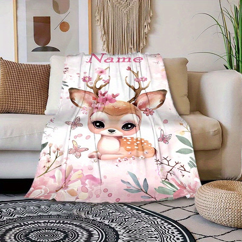 Personalized Blanket Featuring Along With Deer And Flowers, Perfect For Cozy Moments. A Wonderful Holiday Gift For , Family, And , Ideal For , Camping, And Travel