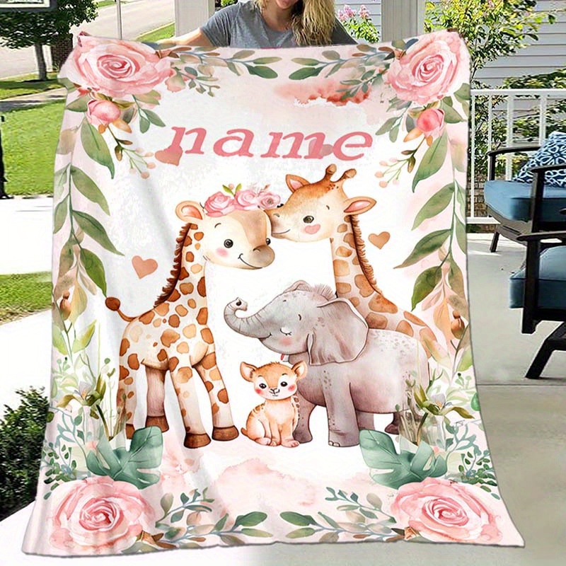 

Custom Name Blanket: Adorable Giraffes And Elephants With Your Name Printed - Soft And Warm, Perfect For Naps, Camping, And Travel - Suitable For All Seasons