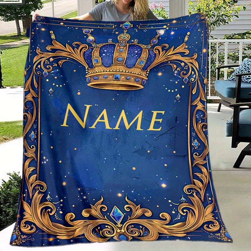 

Custom Name Personalized Crown Blanket - Soft Flannel Fleece Throw With Digital Print, Polyester, All-season Comfort For Napping, Camping, Travel - Glam Style With Animal Motif