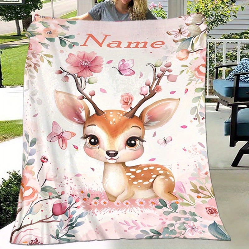 

Custom Name Blanket Cartoon Deer Flowers Printed On And Warm Blanket Great Holiday Gift For Family And Suitable For Camping And Travel