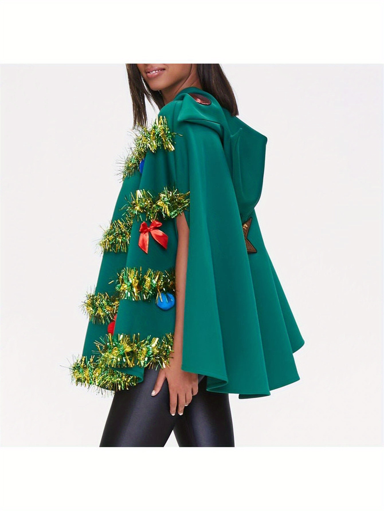 Festive Christmas Tree Costume for Women Hooded Cape with Bow Ball  Accents, V-Neck, Machine Washable Polyester Holiday Parties Cos