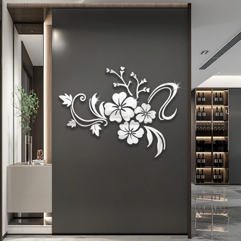 Fumwase 18-Piece 3D Acrylic Flower Mirror Wall Sticker Set – Self-Adhesive Silver Floral Decals For Living Room, Bedroom, TV Wall