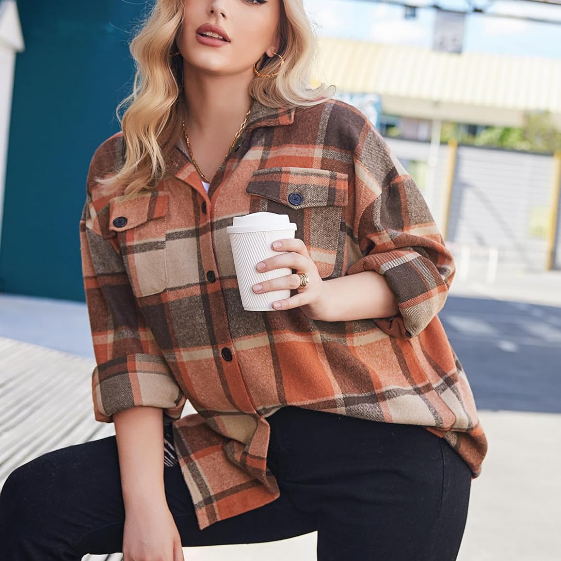 

Women's Plus Size Flannel Shacket Button Down Long Sleeve Flannel Shirts Casual Lapel Fall Jacket