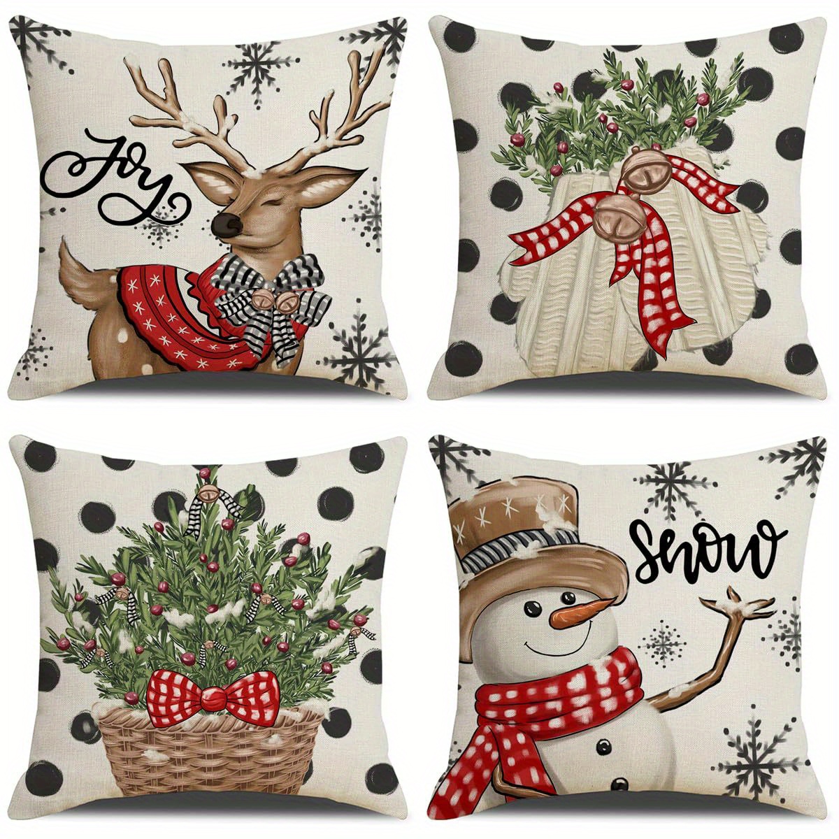 

Christmas Themed Throw Pillow Covers Set Of 4 - Woven Polyester, Contemporary Style Zippered Cushion Cases With Holiday Prints For Various Room Types, Machine Washable, 18x18 Inches