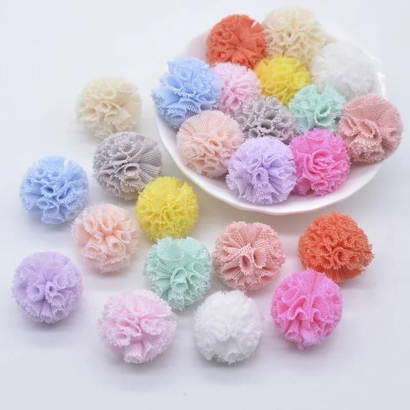 

50pcs 2cm Colorful Elastic Mesh Flower Balls For Sewing On Scarves, Shoes, Hats, Fur, Diy Headwear, Hair Clips, Bows & Accessories - Mixed Colors