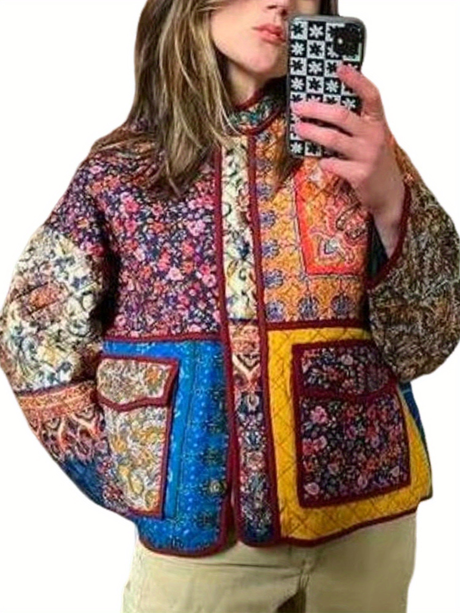 Veste Courte Matelassée Femme Florale - Cardigan Léger Imprimé Patchwork - Manteau Automne Hiver Vintage Ouvert Devant