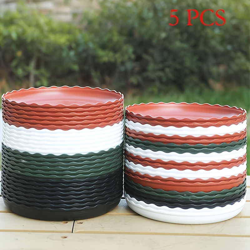 

5pcs Round Plastic Plant Saucer Set - Durable Resin Pot Trays With Decorative Wavy Edges For Indoor Outdoor Garden Planters