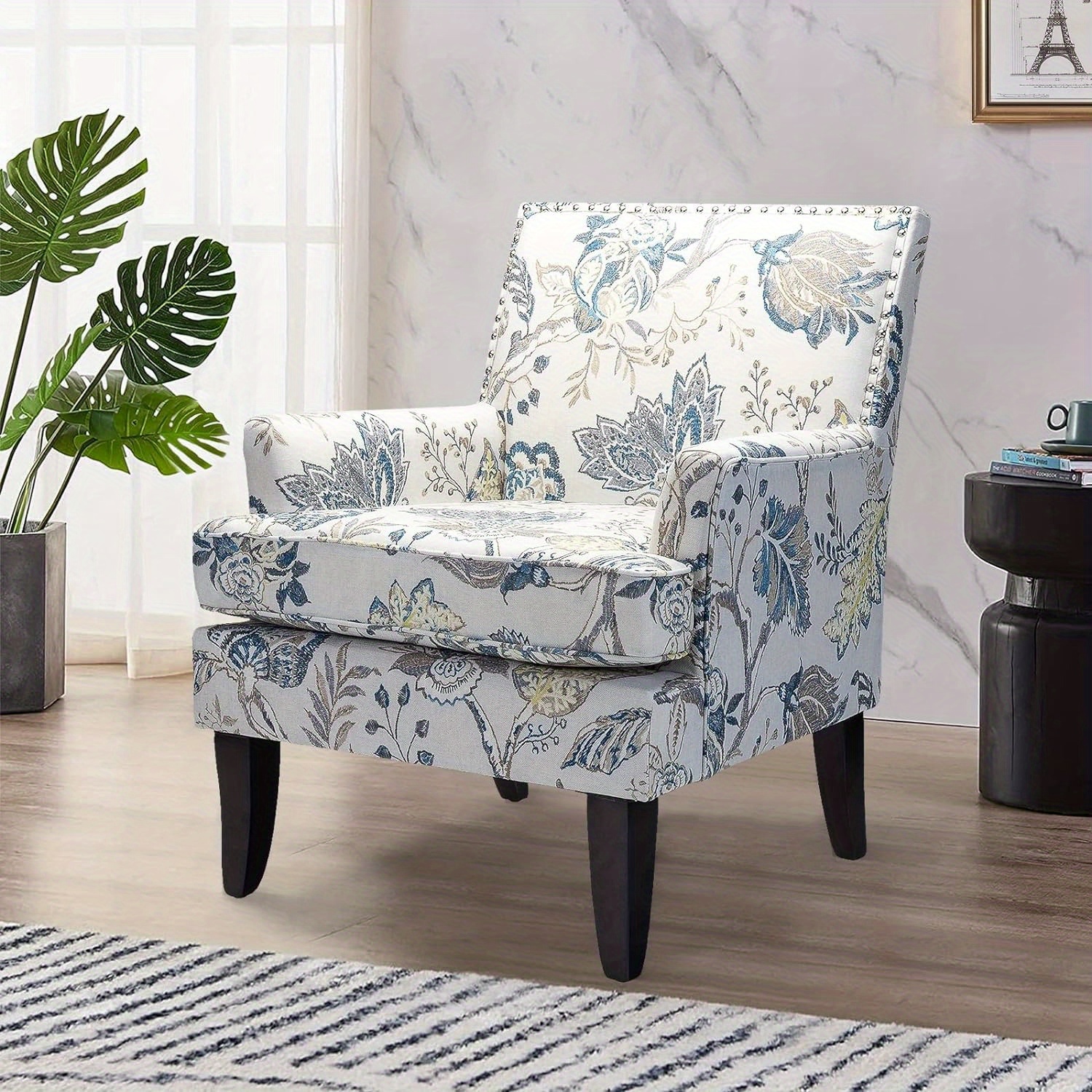 

Modern Accent Chair With And Wooden Legs, Mid Century Accent Chair Armchair High Back Rest, Padded Armrest And Comfortable Cushioned Seat For Living Room (blue Yellow Floral)