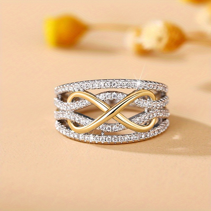 

1pc Luxury 925 Silver Plated Copper Ring, Infinity With Synthetic Cubic Zirconia, Hollowed-out Jewelry For Banquet , Wear