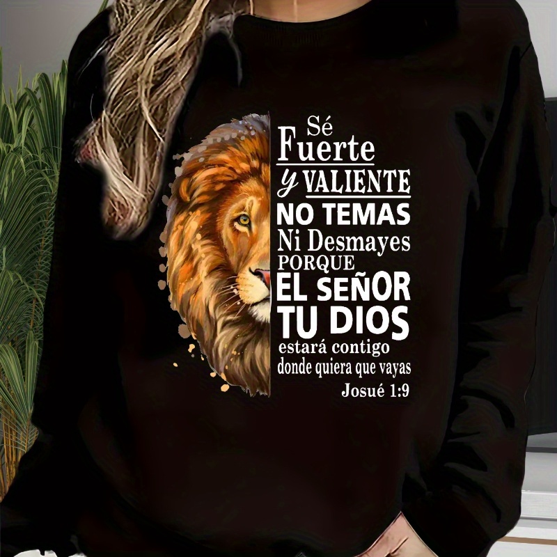 

Lion Print Sweatshirt, Long Sleeve Crew Neck Casual Sweatshirt For Fall & Spring, Women's Clothing