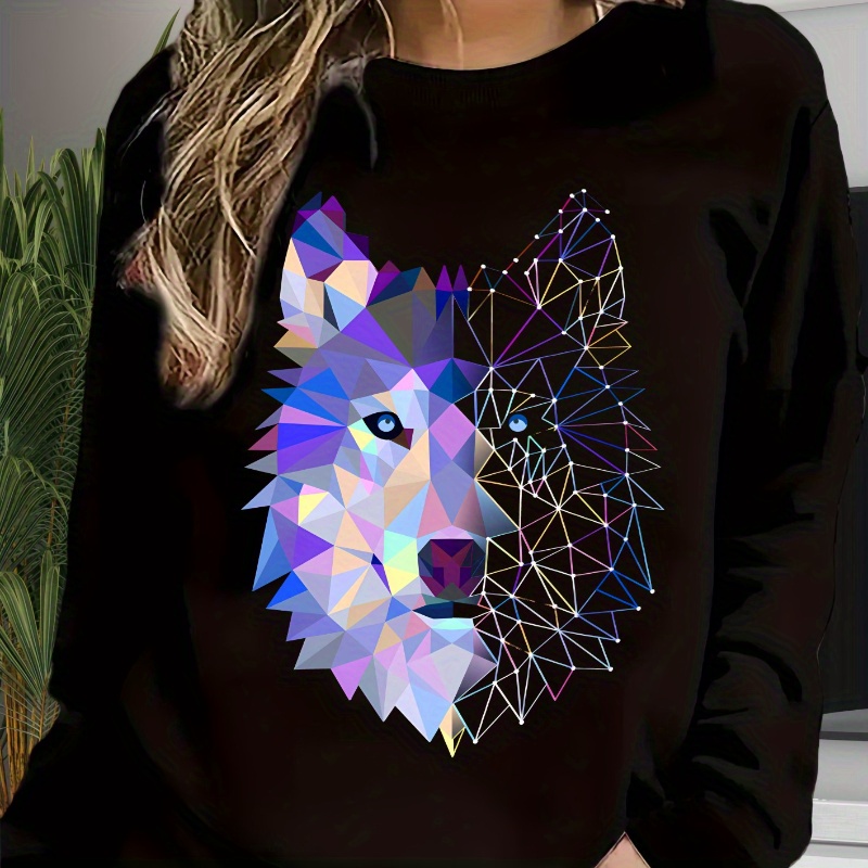 

Wolf Print Sweatshirt, Long Sleeve Crew Neck Casual Sweatshirt For Fall & Spring, Women's Clothing