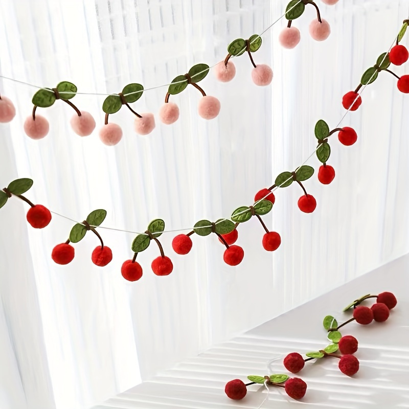 

Cherry Wreath Decoration: Diy Fruit Hanging For Birthday, Christmas, Or Any Special - 6.6ft Wreath With Pom Poms And Felt Leaves - No Power Required - Room Or Wall Decoration