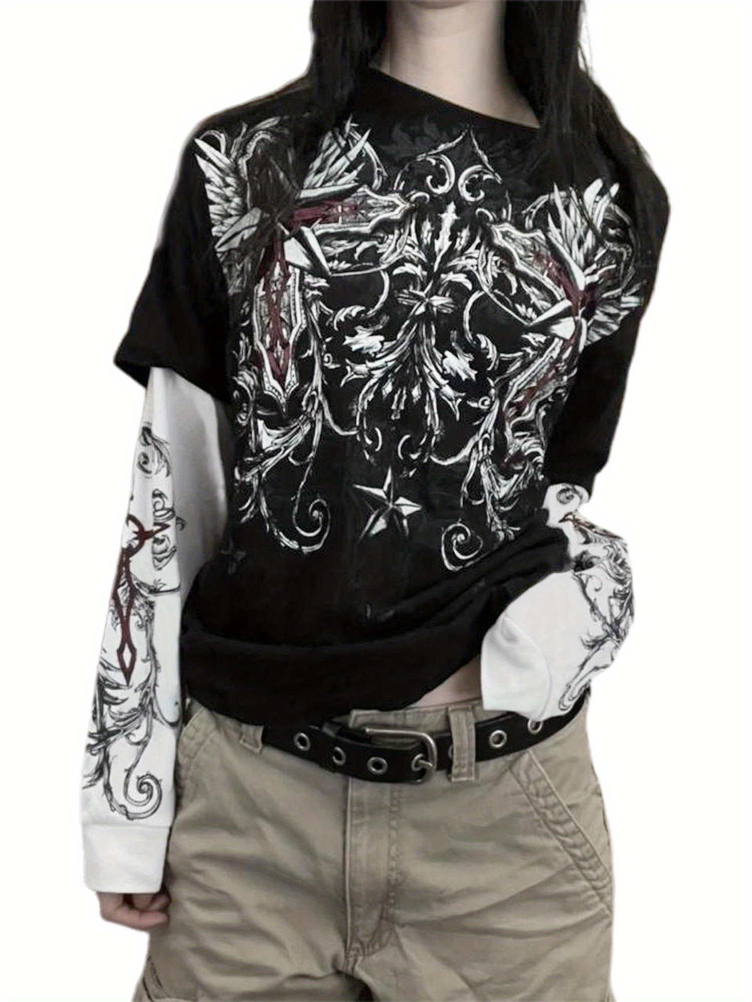 women's vintage graphic print long sleeve t shirt two - Temu
