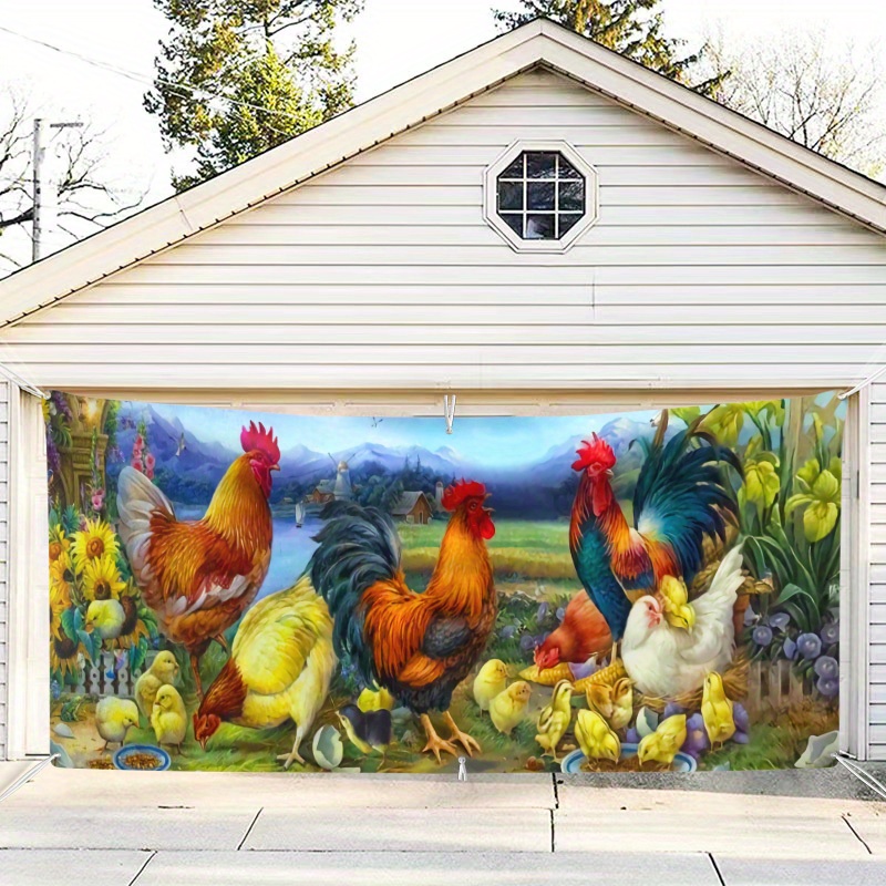 

Autumn Countryside Farm Life Garage Door Cover - 1pc Polyester Chicken & Roosters Mural, No Electricity Needed, Large Wall Art With Hanging Accessories Included