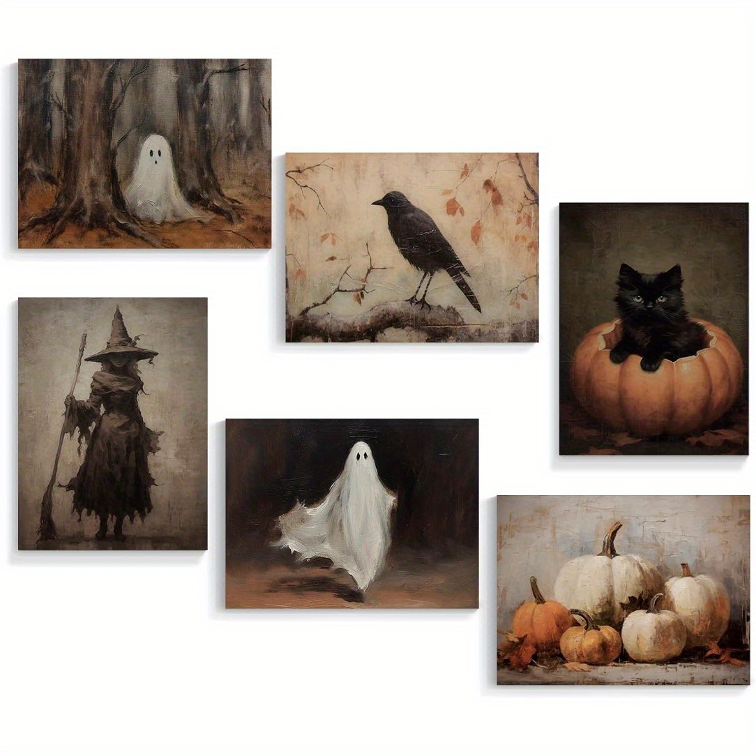 

6pcs Vintage Wall Art Set - Cat, Pumpkin, & Prints - Creepy Spooky Decor, 8x10 Inches